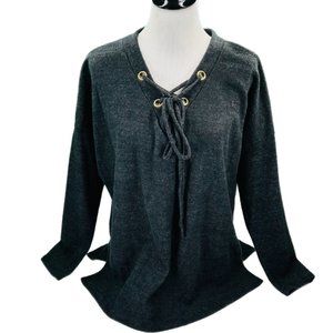 Womens Pullover Large Charcoal Black Lace Up V-Neck Fleece Outer Shell Made USA